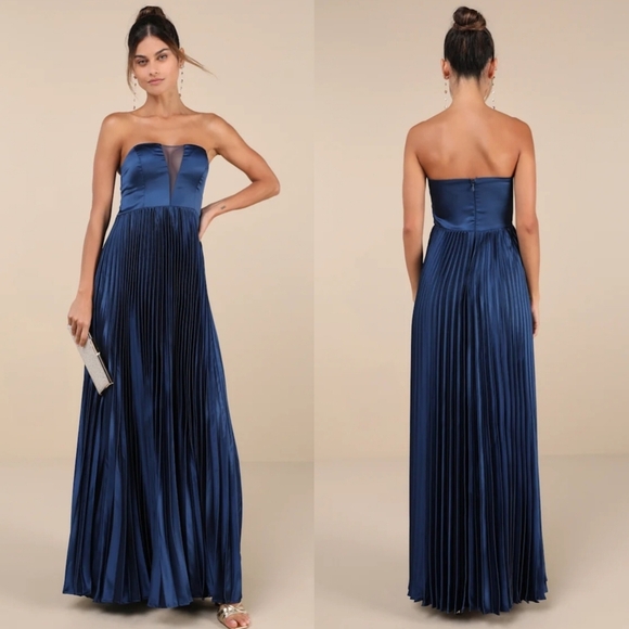 Lulus Perfected Elegance Navy Blue Satin Pleated Strapless Maxi Dress M Wedding - Picture 1 of 9